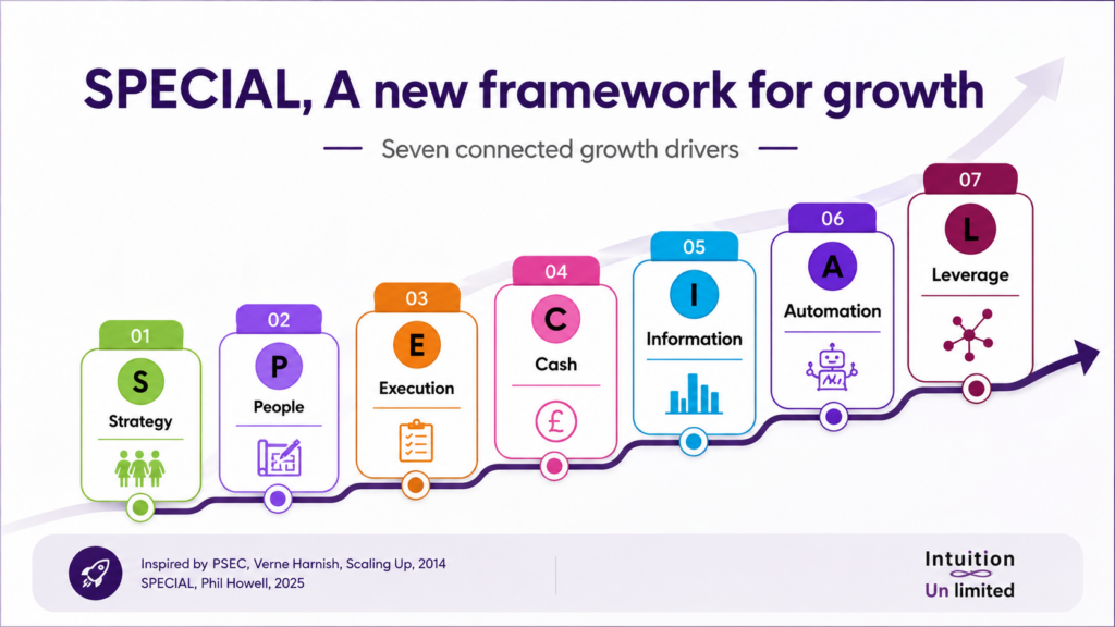 The SPECIAL Framework - An image showing a staircase of steps of areas for companies examine, to help them build a strong business strategy.  Strategy, People, Execution, Cash, Information, Automation, Leverage.