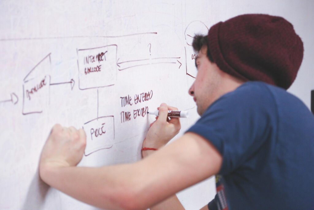 Man mapping out a process flow on a whiteboard with a marker pen.