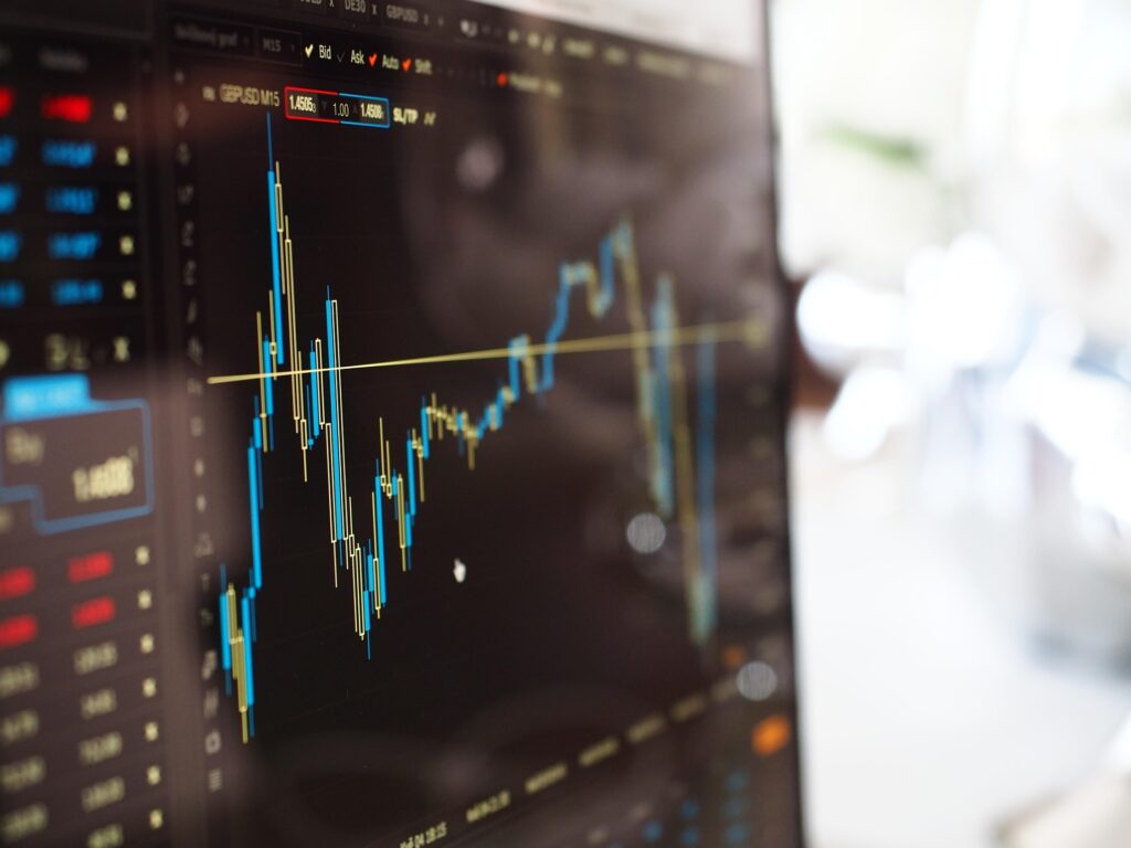 A computer screen showing a graph of fluctuations of data being tracked. It represents information that a business might wish to track.