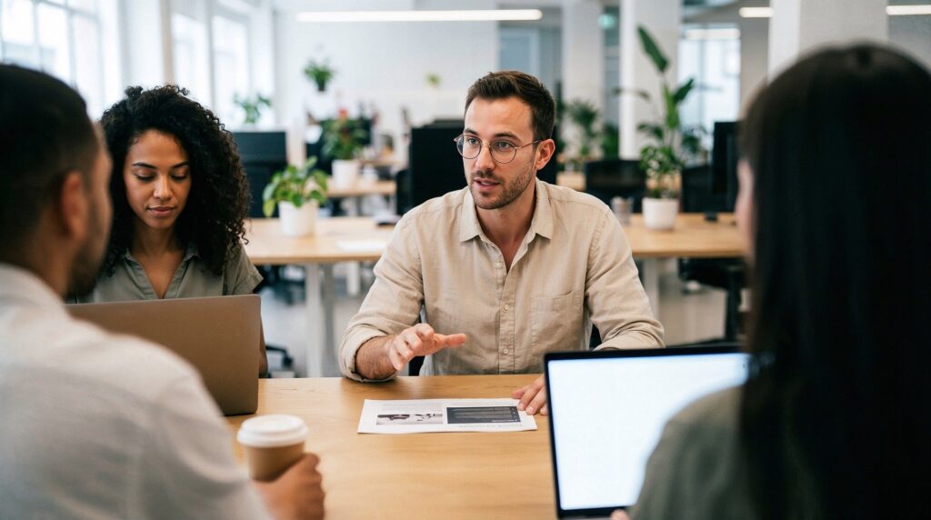 An image show a man and woman on one side of the table discussing a piece of paper with a man and a woman on the other side of the table.