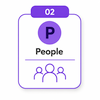 This is an icon showing the PEOPLE STEP 2 in the SPECIAL Framework for Business Growth. It shows an outline of a group of 3 people icons in purple