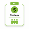 This is an icon showing the STRATEGY STEP 1 in the SPECIAL Framework for Business Growth. It shows an outline of a group of 3 people icons in green